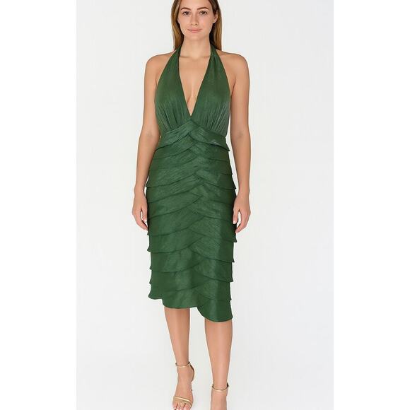 Adrianna Papell Green Tiered Ruffles Dress SZ 8 halter neck shimmer olive green - Picture 1 of 10